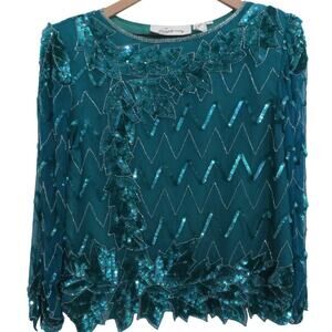 Evening Entry Womens Sz M Teal Vintage 100% Silk Beaded Sequin Top Formal Blouse